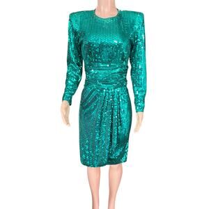 Vintage 80s Oleg Cassini Green Sequin Dress Slimming Tummy Control Small/Medium